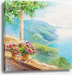 Постер Цветы на балконе с видом на море
