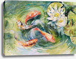 Постер Красочные рыбы плавают в пруду, акварель