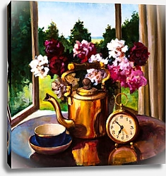 Постер Букет цветов, часы и чайник у раскрытого окна