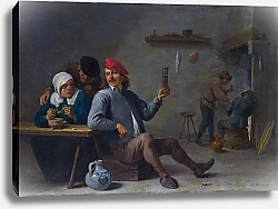 Постер Тенирс Давид Мужчина со стаканом и немолодая женщина, разжигающая трубку