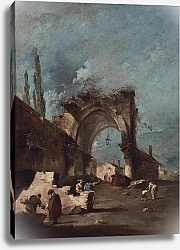 Постер Гварди Франческо (Francesco Guardi) A capriccio of buildings on the laguna with figures by a ruined arch