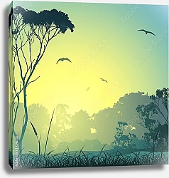 Постер Загородный луг с деревьями и птицами