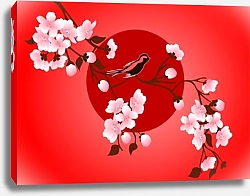 Постер Птичка на цветущей ветке сакуры