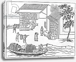 Постер Школа: Китайская 19в. Porcelain shops and boats for transport of china, from a series of illustrations on the manufacture of china