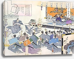 Постер Школа: Японская 19в. Warlord watches Samurai receiving his robes, from a 19th Century Album of Woodcuts, Colour Wood Block Print