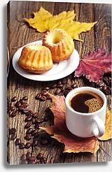 Постер Кофе с кексами на осенних листьях