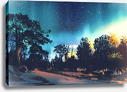 Постер Звездное небо над деревьями в лесу