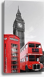Постер Красный автобус и телефонная будка на фоне Биг Бена