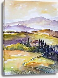 Постер Ландшафт Тосканы. Поля, деревья, фермы и горы