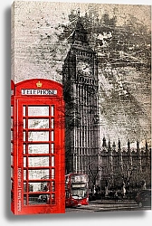 Постер Лондонская улица с красной телефонной будкой и автобусом неподалеку от Биг Бена
