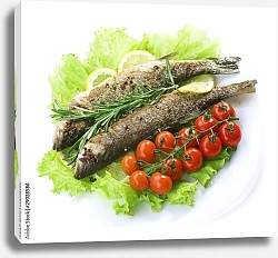 Постер Жареная рыбка с веточкой томатов черри