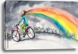 Постер Человек на велосипеде с радугой