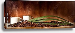 Постер Кофе в чашке с зернами, разбросанными по столу