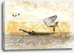 Постер Рыбак с сетью в лодке