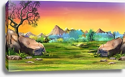 Постер Пейзаж с большими камнями и горы