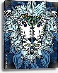 Постер Голова льва с синим этническим растительным орнаментом