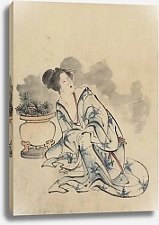 Постер Хокусай Кацушика Woman, possibly a courtesan, sitting next to a flowerpot