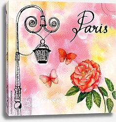 Постер Открытка в винтажном стиле с фонарем, розой и бабочками