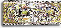 Постер Школа: Персидская 19в. Second cartouche from a long panel of cuerda seca tiles, depicting hunting and battle scenes, 19th century