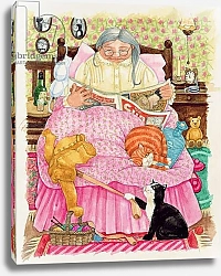 Постер Бентон Линда (совр) Grandma and 2 cats and a pink bed