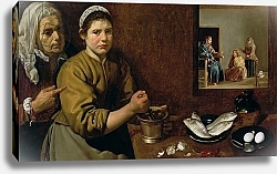 Постер Веласкес Диего (DiegoVelazquez) Kitchen Scene with Christ in the House of Martha and Mary, c.1618