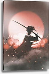Постер Самурай с мечом, стоящего на фоне заката