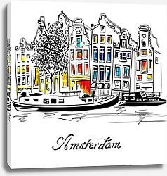 Постер Голландские дома и лодки, Голландия, Нидерланды, эскиз