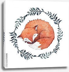Постер Милая спящая лиса внутри венца ветвей