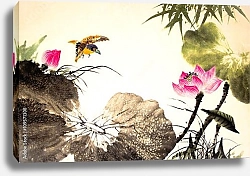 Постер Птица над озером с цветущими лотосами