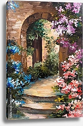 Постер Летняя терраса в цветах у дома в Греции