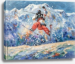 Постер  Лыжник в полете на фоне снежных гор