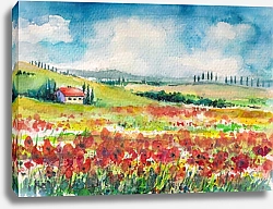 Постер Тосканский пейзаж с полем красных маков