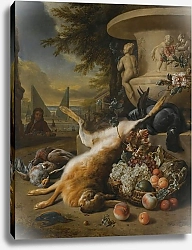 Постер Виникс Ян A Still Life Of Game Birds, Grouse, A Hare And A Kingfisher, With A Basket Of Fruit At The Foot Of A Stone Urn, An Ornamental Garden With A Fountain Beyond