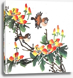 Постер Китайские птички на цветущем кусте