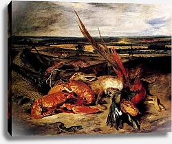 Постер Делакруа Эжен (Eugene Delacroix) Натюрморт с омаром, охотничьими трофеями и уловом