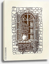 Постер Эскиз окна с деревянными ставнями