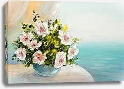 Постер Букет цветов на столе у моря