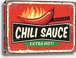 Постер Чили соус, старинная вывеска с перцем чили и горячим пламенем