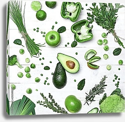 Постер Свежие зеленые овощи и фрукты на белом фоне