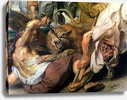 Постер Рубенс Петер (Pieter Paul Rubens) Lion Hunt, detail of two men and a lion, 1621