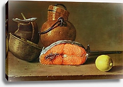 Постер Мелендес Луис Still Life with a Piece of Salmon, a Lemon and Kitchen Utensils