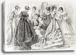Постер Evening and dance wear in 1868, Paris. Created by Pauquet, published on L'Illustration, Journal Univ