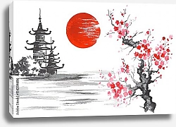 Постер Традиционный японский пейзаж с пагодой и цветущей сакурой на фоне красного солнца