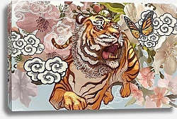 Постер Тигр и бабочка на фоне вишневых цветов
