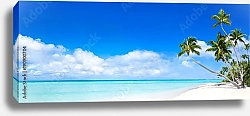 Постер Панорама с морем, солнцем, пляжем и пальмами