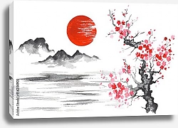 Постер Японский традиционный пейзаж с горой и сакурой