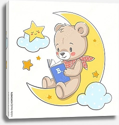 Постер Симпатичный медвежонок на луне и читает книгу
