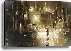 Постер Человек с красным зонтом в сером городе