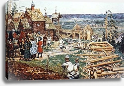 Постер Depiction of the Construction of the Moscow Kremlin Out of Logs Under the Reign of Yuri Dolgoruky in the 12th Century.