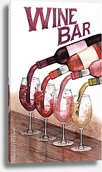 Постер Акварельные красные, белые и розовые вина, налитые из бутылок в стаканы, стоящие на деревянном столе